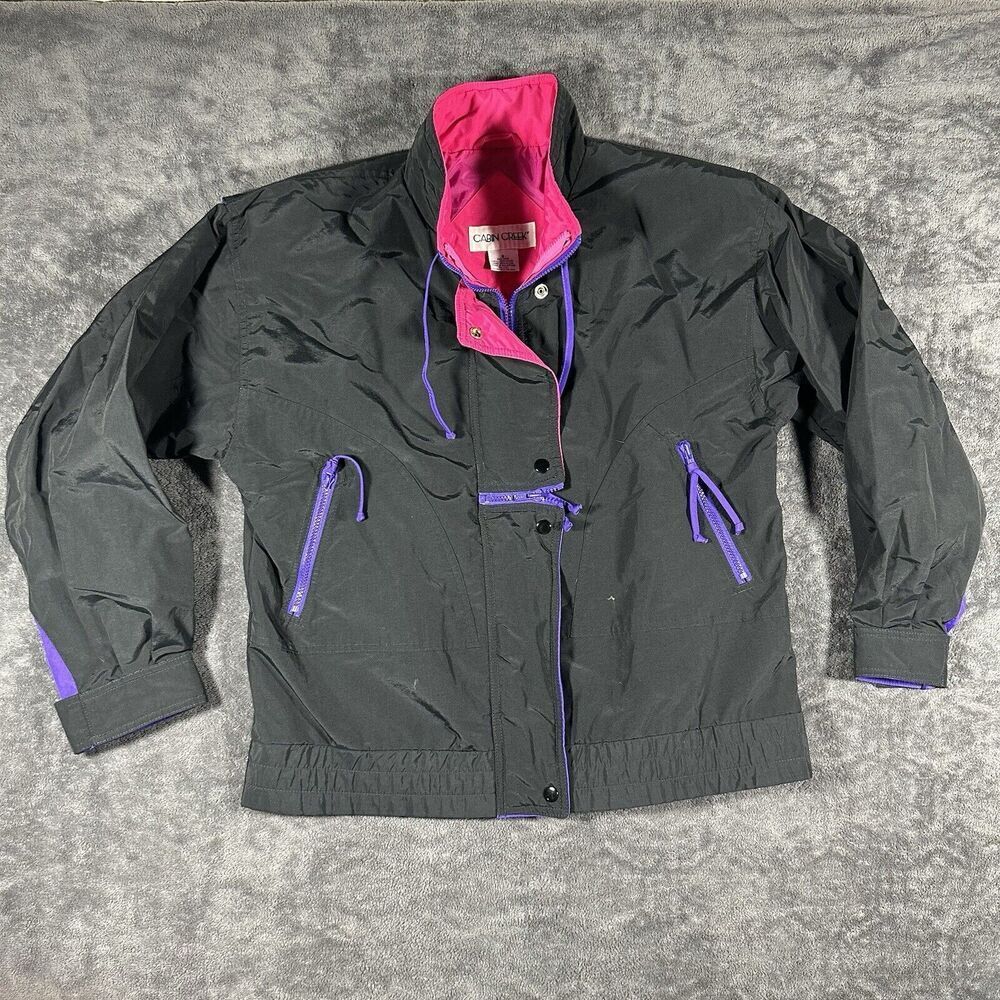 Cabin Creek VTG 90s Ski Windbreaker Womens S Black Hot Pink Zippers Street Brat